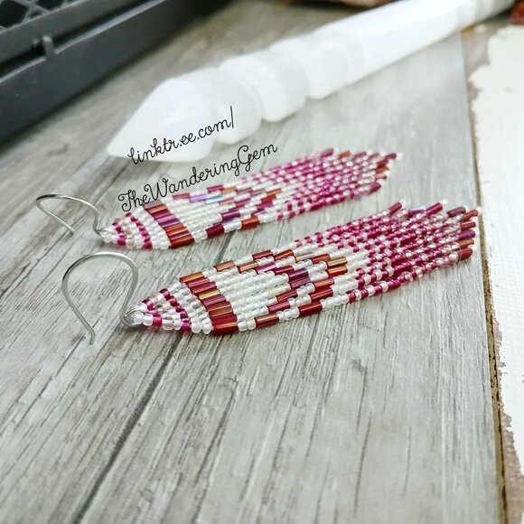 Boho Chic Beaded Fringe Cascade Dangle Earrings, Plum & White, 4" - Picture 5 of 8